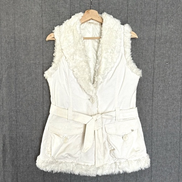 DKNY Jeans 100% Cotton Ivory Corduroy Faux Fur Collar/Lining Tie Belt Long Vest - Picture 1 of 11